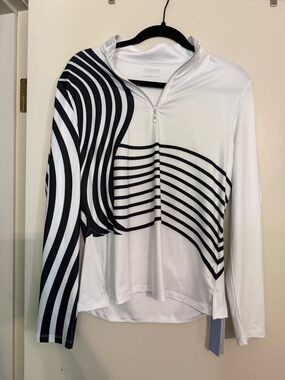 Acegolf White & Black Striped Quarter-Zip Long Sleeve Top